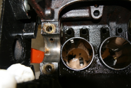 Crank removed and inspecting the wet liner engine internals