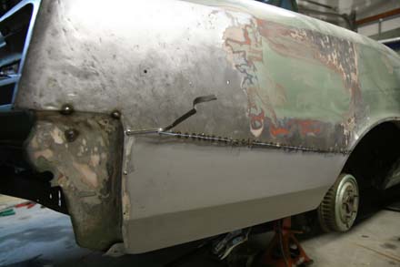 Another view of the butt welding technique on 1967 GTO rear quarter panel