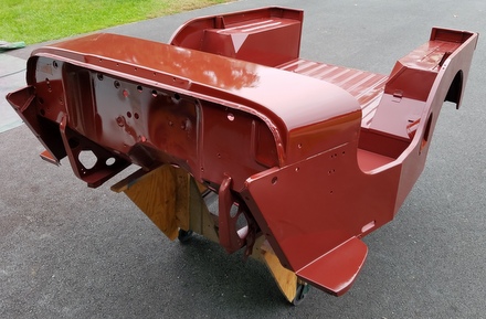 First coat of Luzon red paint for CJ3A willys tub